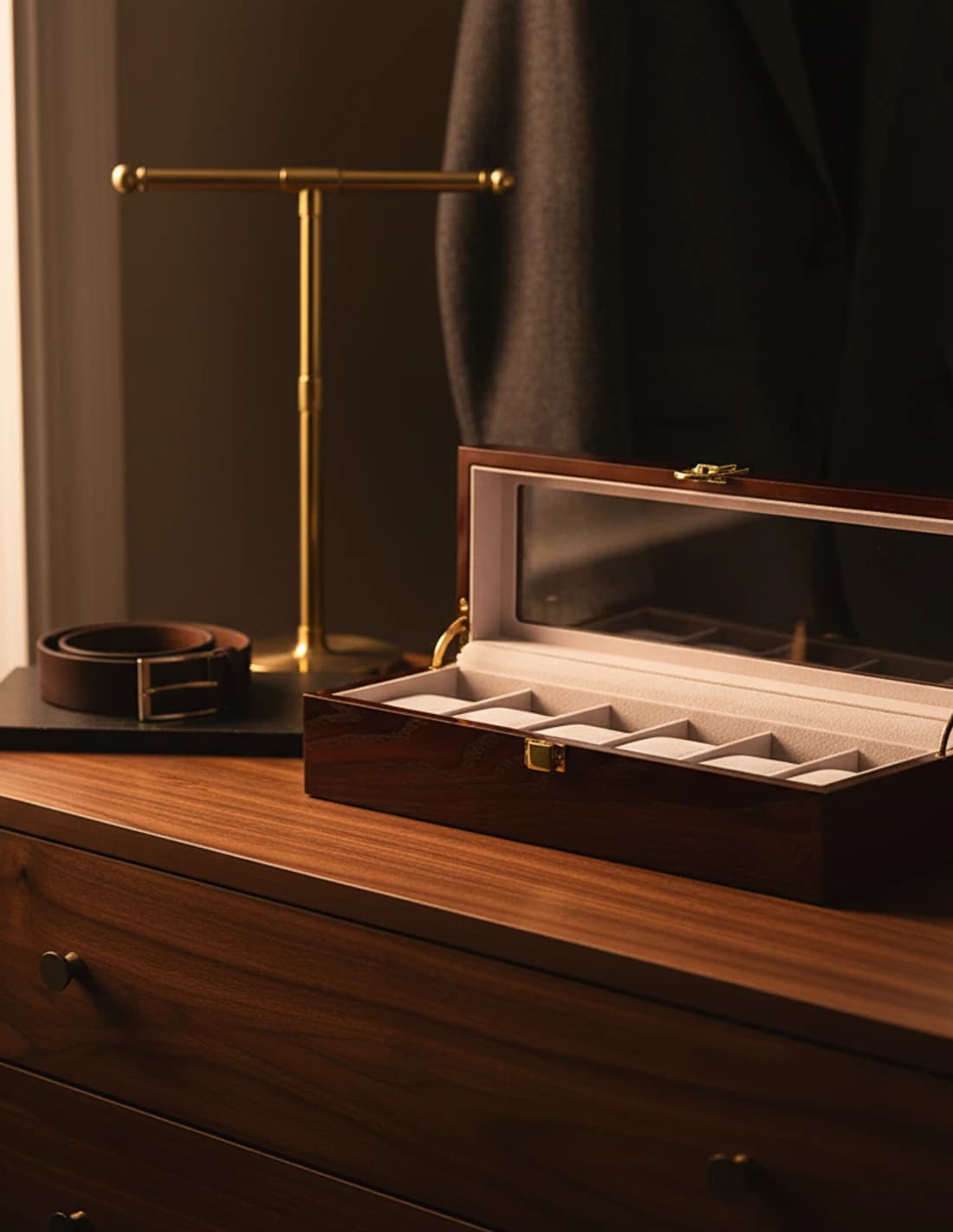 Boîte à montres en bois noyer dans un dressing masculin