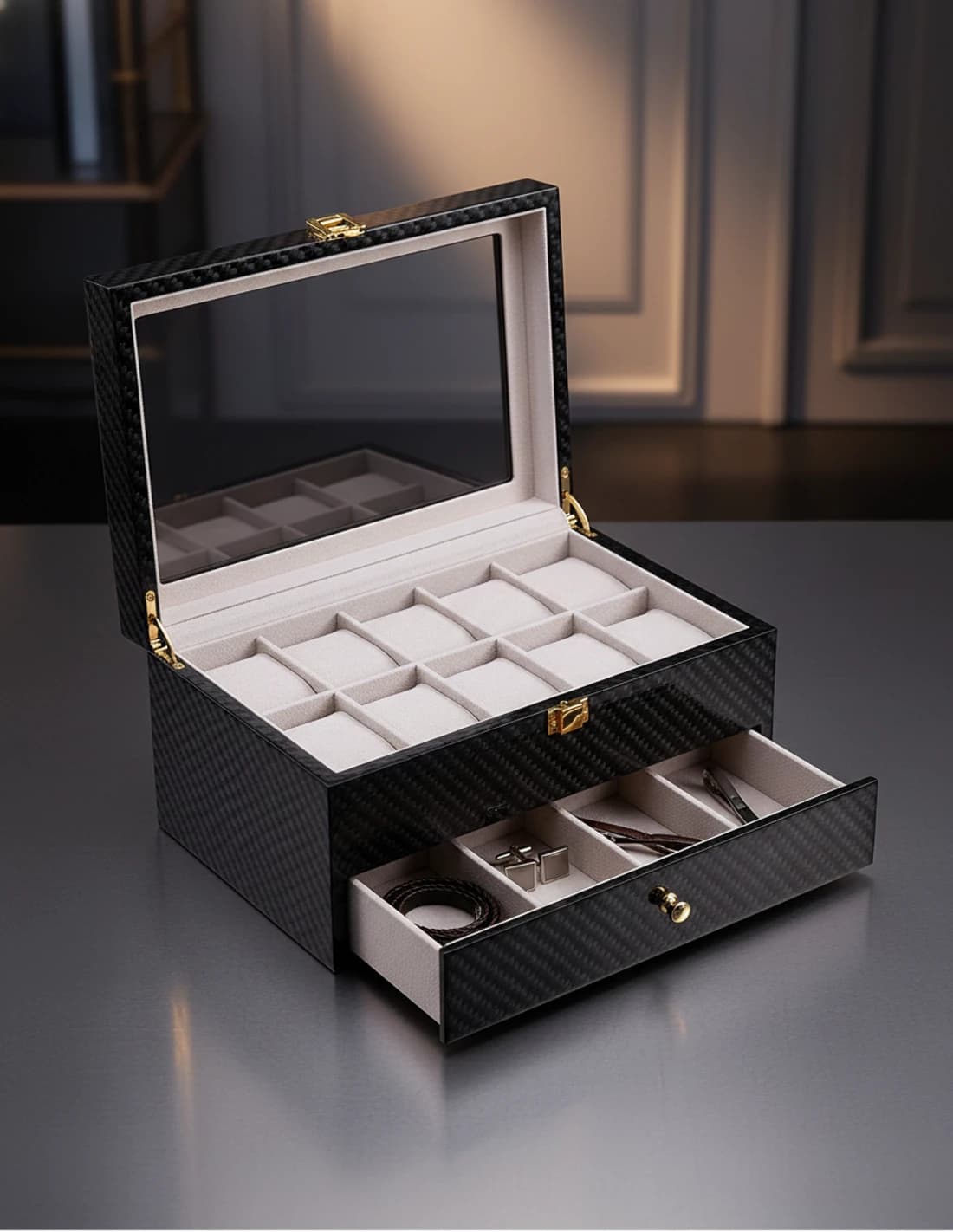 Coffret à montres et bijoux effet carbone double tiroir
