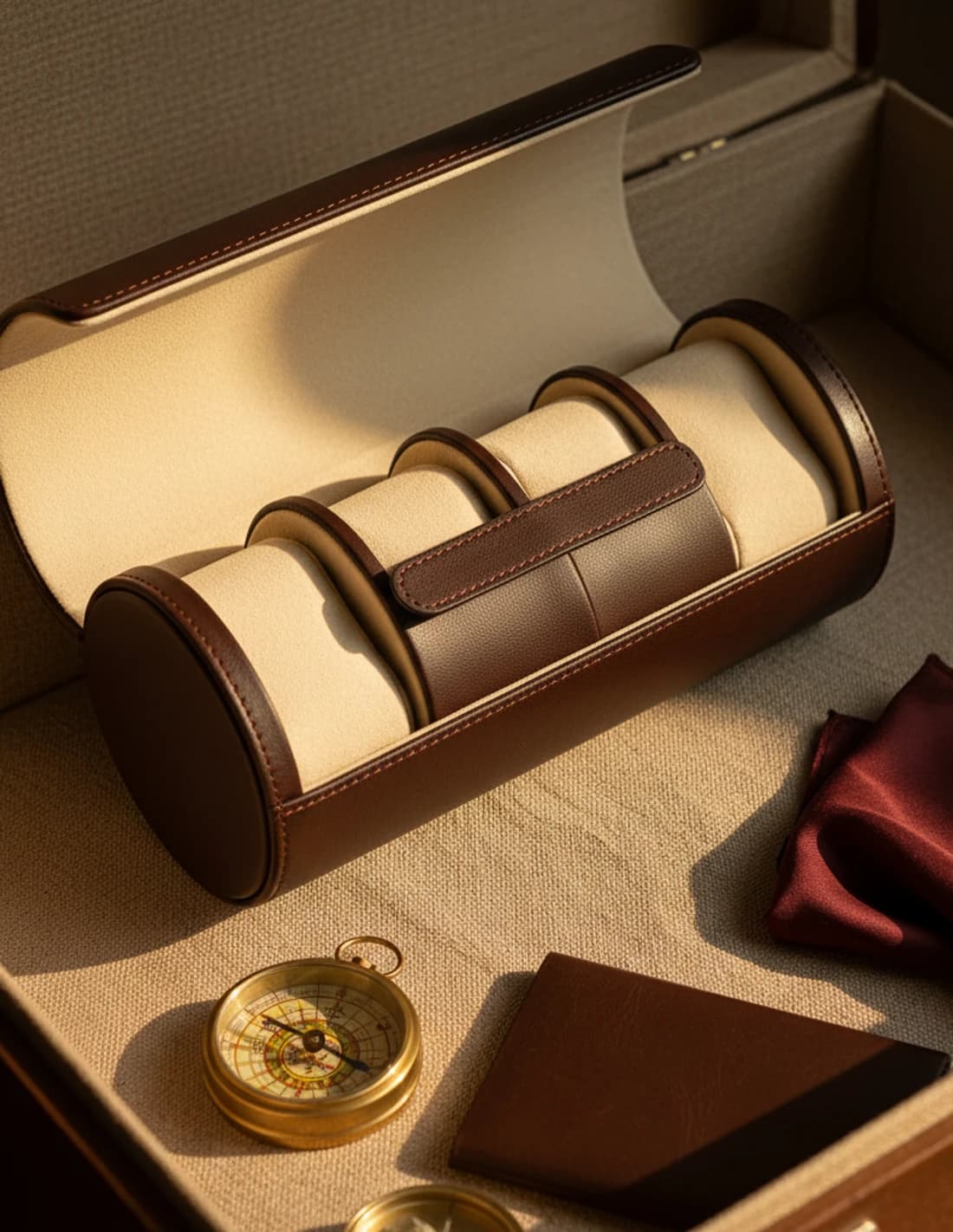 Étui rouleau cuir pour 3 montres avec boussole vintage