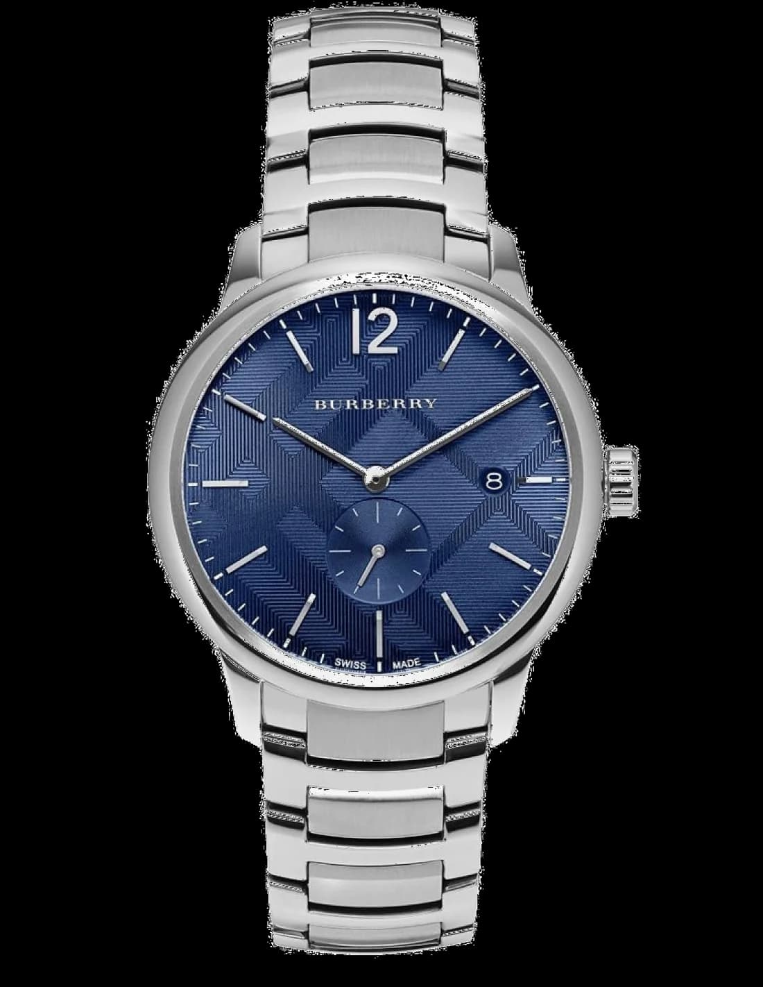 Montre Burberry BU10007 cadran argenté avec index bâtons et logo iconique sous 12h, aiguilles dauphine polies