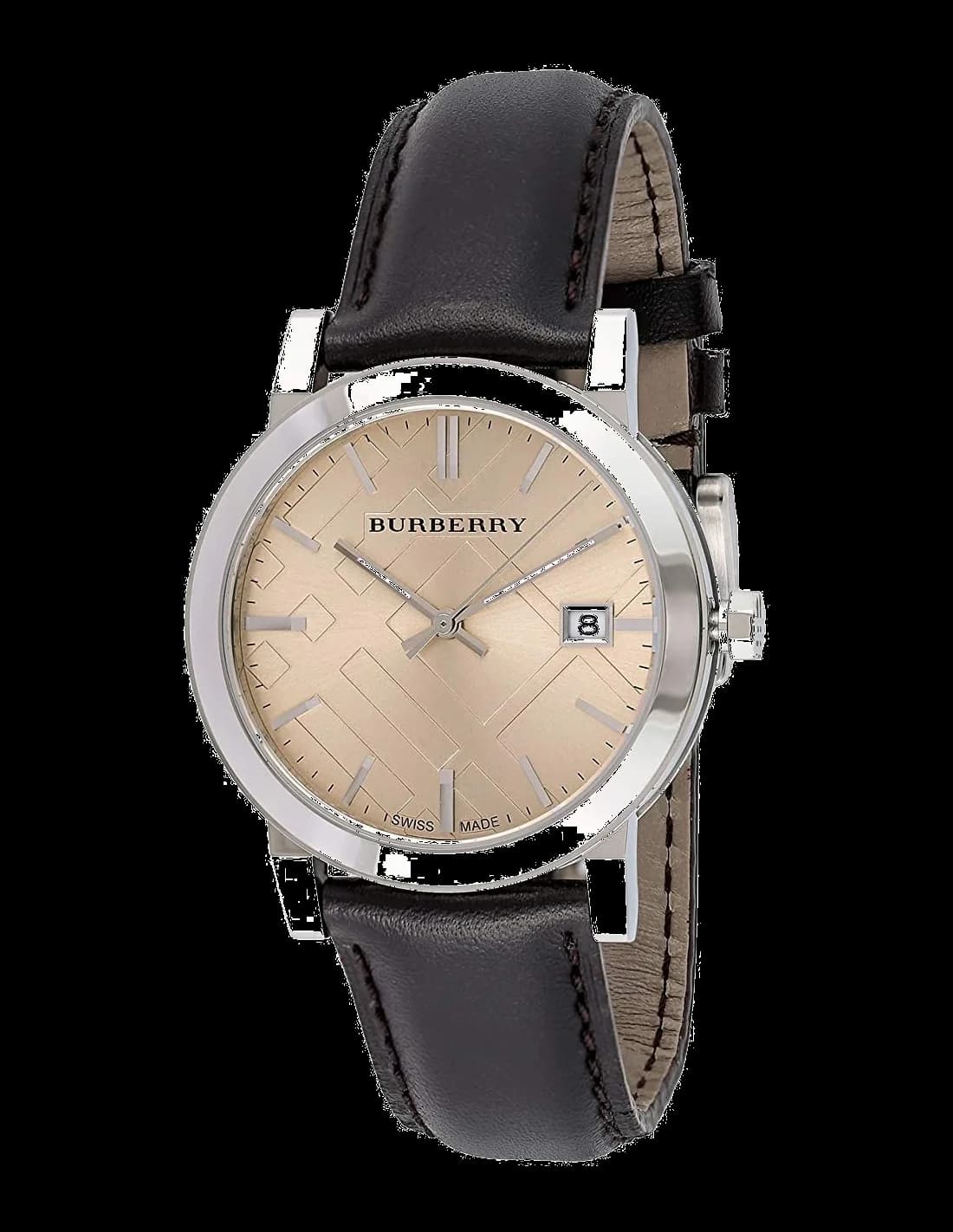 Montre Burberry BU9011 homme cadran beige gravé bracelet cuir marron