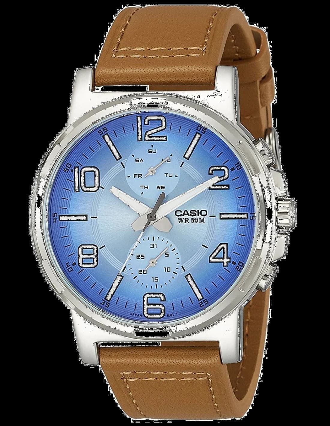 Casio MTP-E313L-2B2V - cadran bleu et bracelet en cuir — Montres Outlet