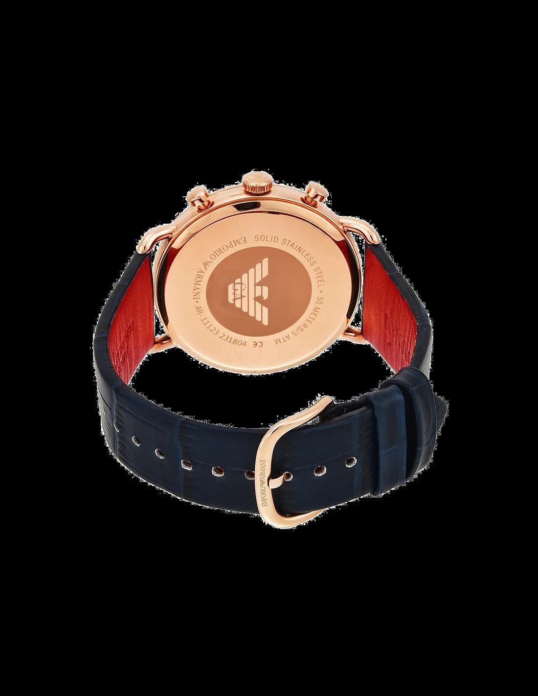 Détails du cadran noir et bracelet cuir de la montre Emporio Armani AR11123