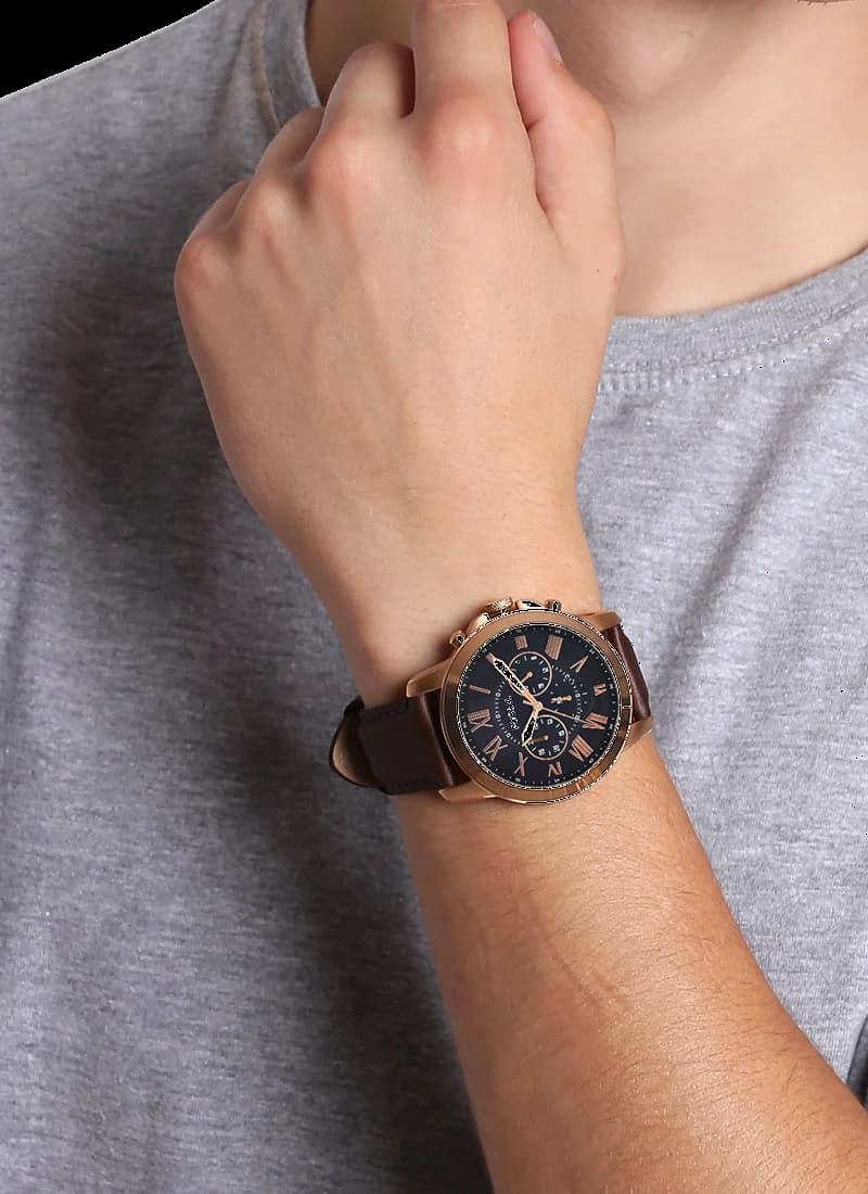 Montre Homme Fossil Grant FS5068 Bracelet cuir lisse marron vue 4