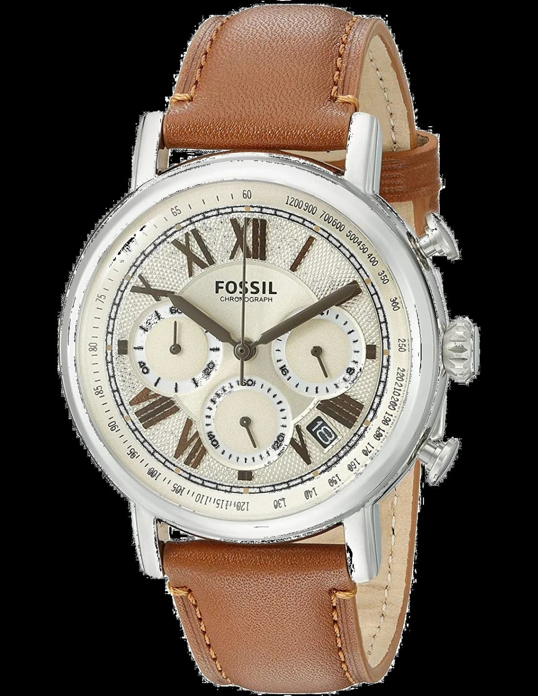 Détails du cadran noir et bracelet cuir de la Fossil FS5117
