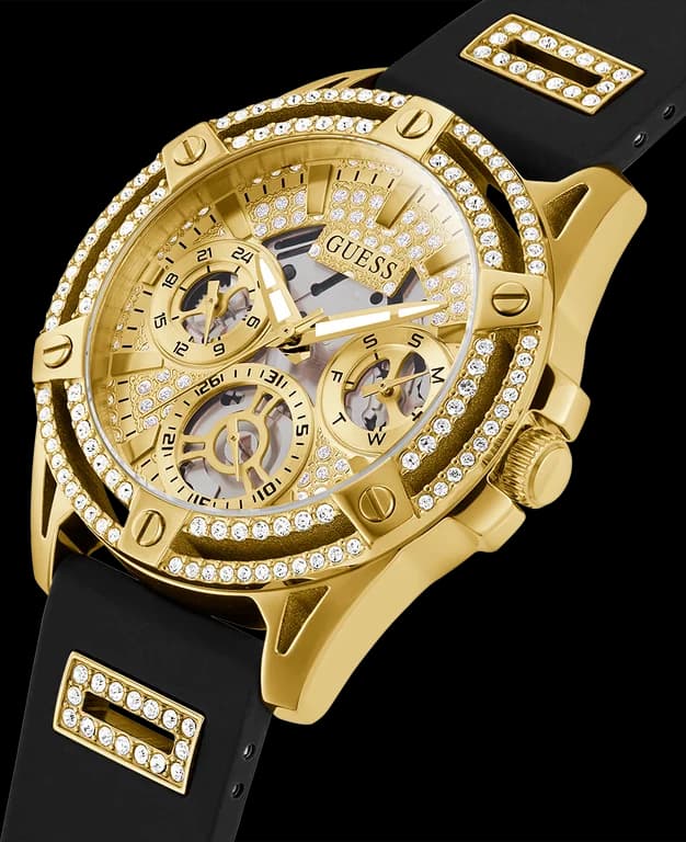 Montre Femme Guess Queen GW0536L3 bracelet silicone noir boitier doré orné de strass vue 2
