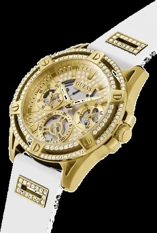 Montre Femme Guess Queen GW0536L2 bracelet silicone blanc boitier doré orné de strass vue 2