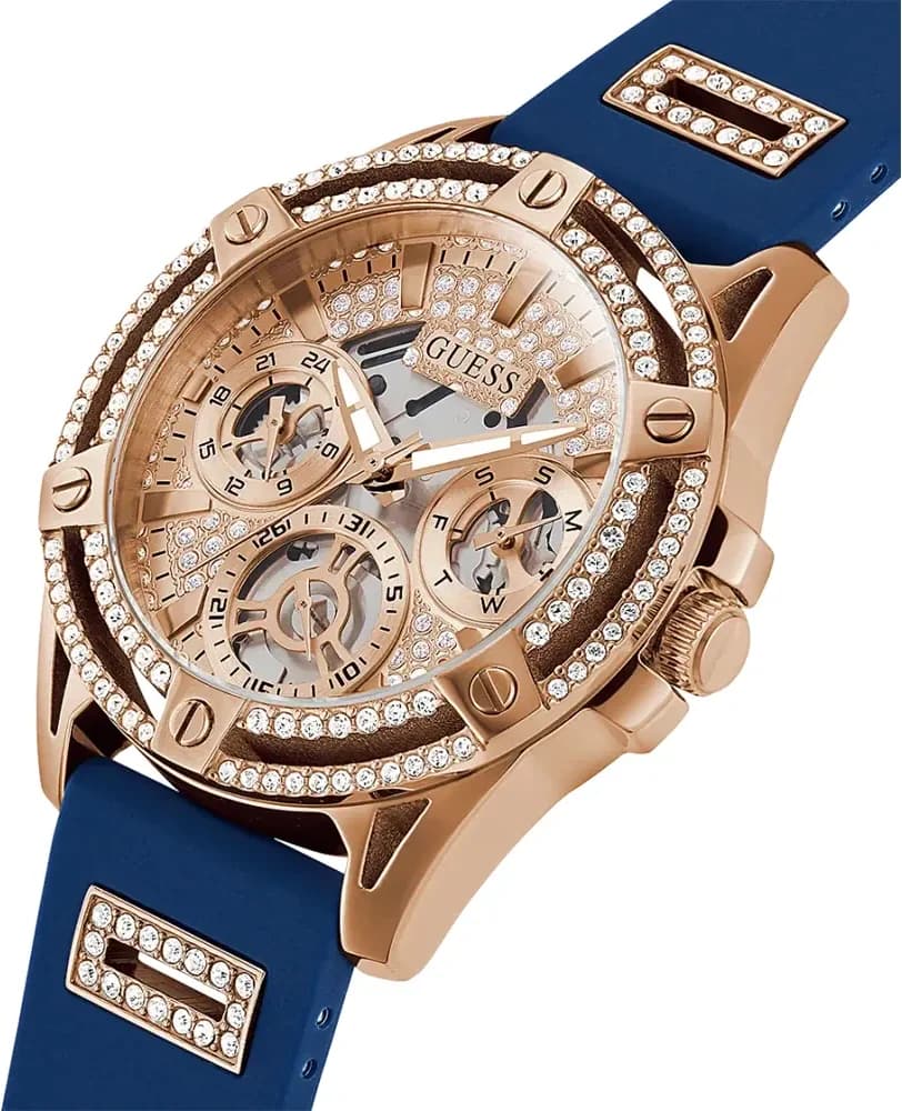 Montre Femme Guess Queen GW0536L5 bracelet silicone bleu boitier or rose orné de strass vue 2