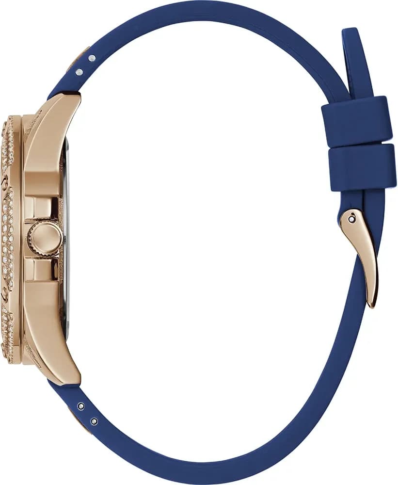 Montre Femme Guess Queen GW0536L5 bracelet silicone bleu boitier or rose orné de strass vue 3