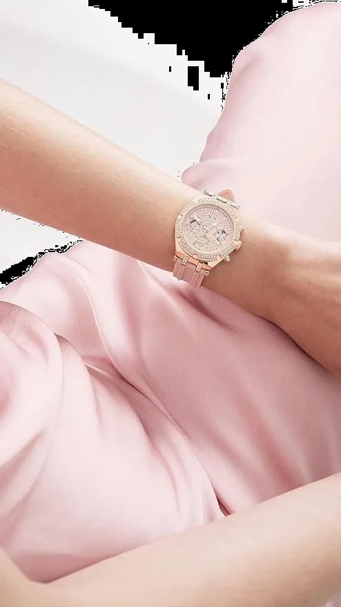 Montre Femme Guess Heiress GW0407L3 bracelet silicone rose boitier orné de strass vue 5