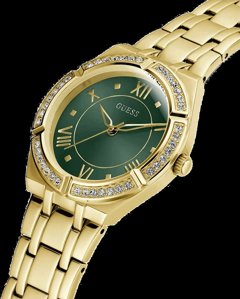 Montre Femme Guess Cosmo GW0033L8 bracelet acier doré cadran vert vue 3