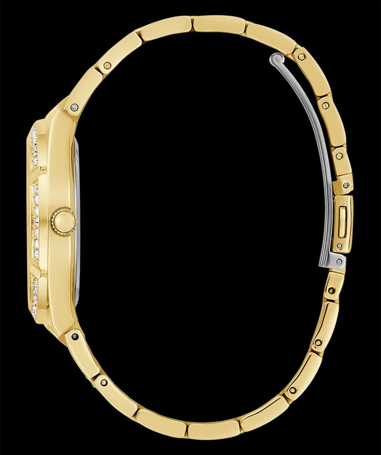 Montre Femme Guess Allara GW0604L2 bracelet acier doré cadran squelette cristaux multifonctions vue 3