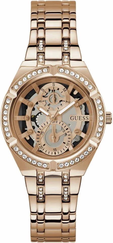 Montre Femme Guess Allara GW0604L3 bracelet acier or rose cadran squelette cristaux multifonctions