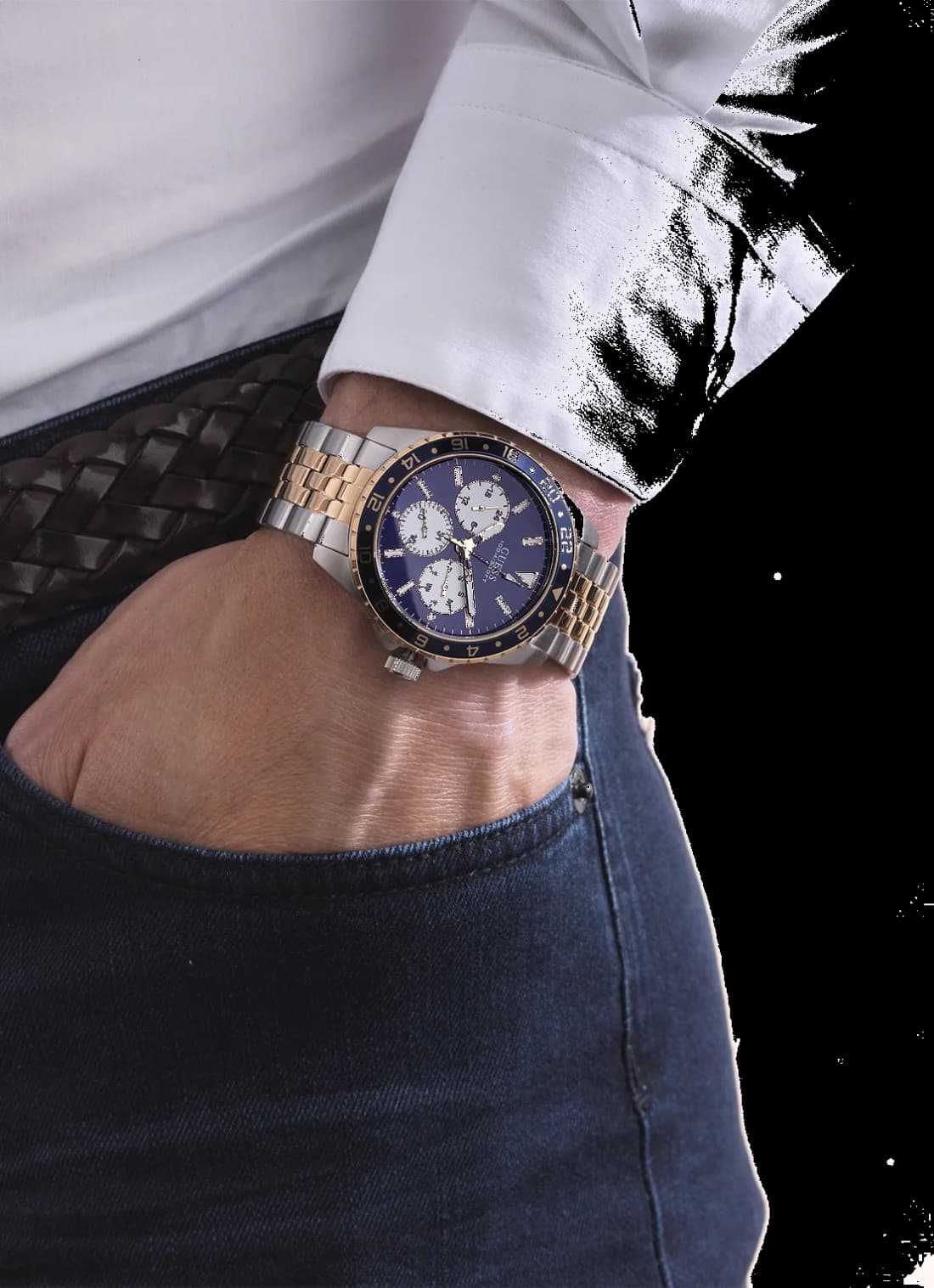 Montre Homme Guess Odyssey W1107G3 cadrdan bleu avec braclet bicolor or rose et argent vue 5