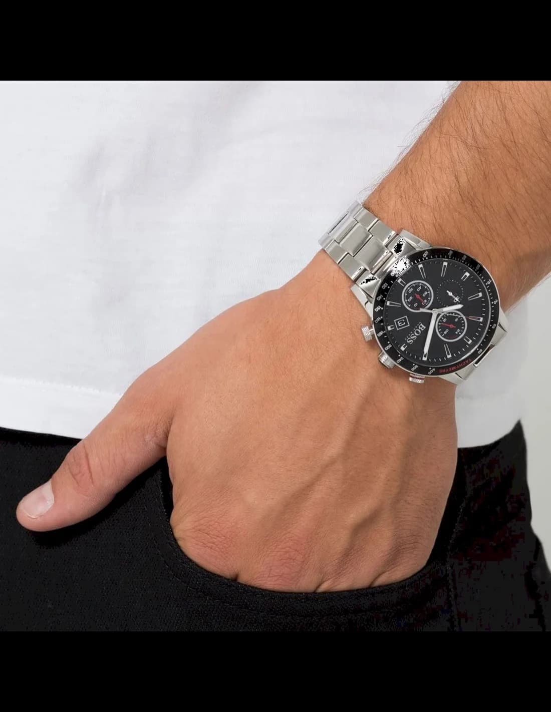 Montre Hugo Boss 1513509 en Acier Argenté avec Cadran Noir et Rouge vue 4