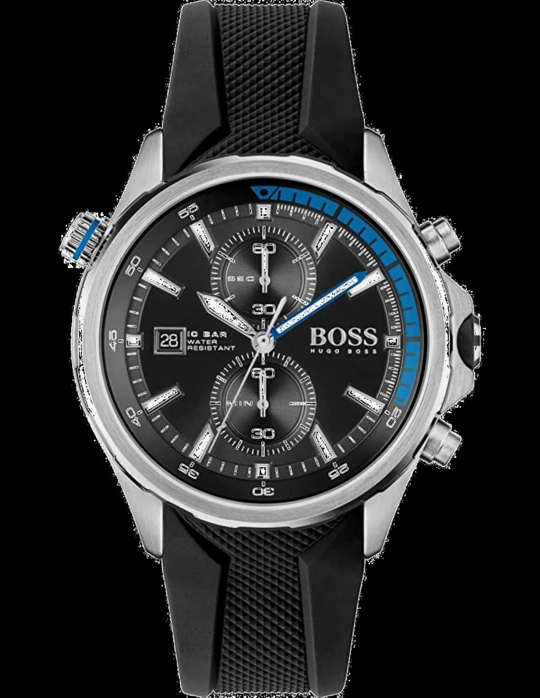 Hugo Boss 1513820 — montre chronographe avec cadran noir et bracelet en cuir marron.