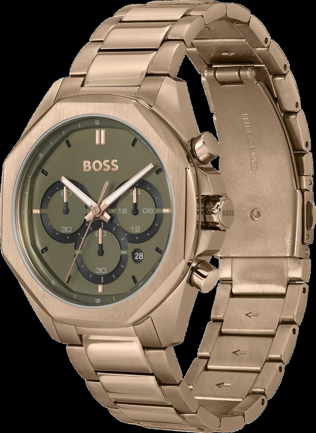 Montre Hugo Boss Cloud Bronze 1514019 cadran vert olive bracelet acier doré rose vue 2
