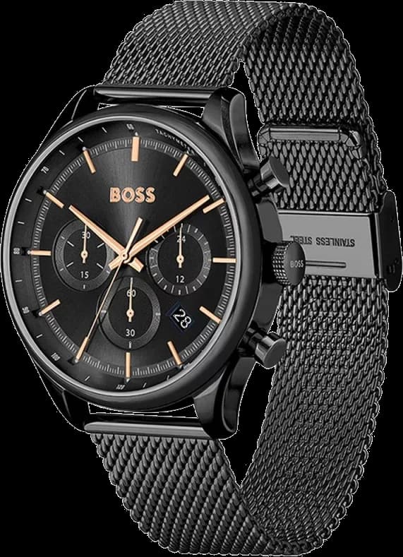 Montre Hugo Boss Gregor 1514065 cadran noir bracelet maille milanaise vue 2