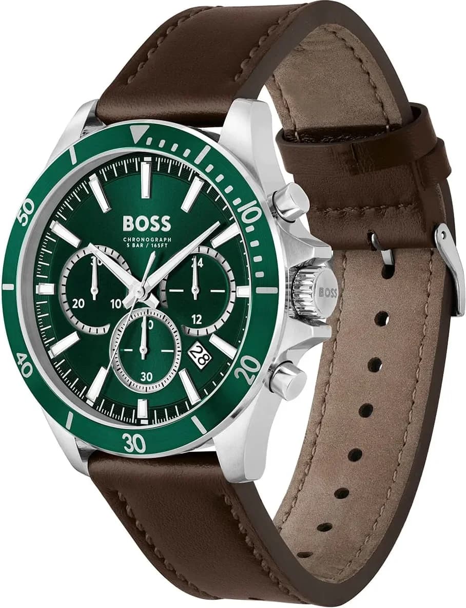 Montre Homme Hugo Boss Troper 1514098 bracelet cuir marron cadran vert multifonctions vue 2