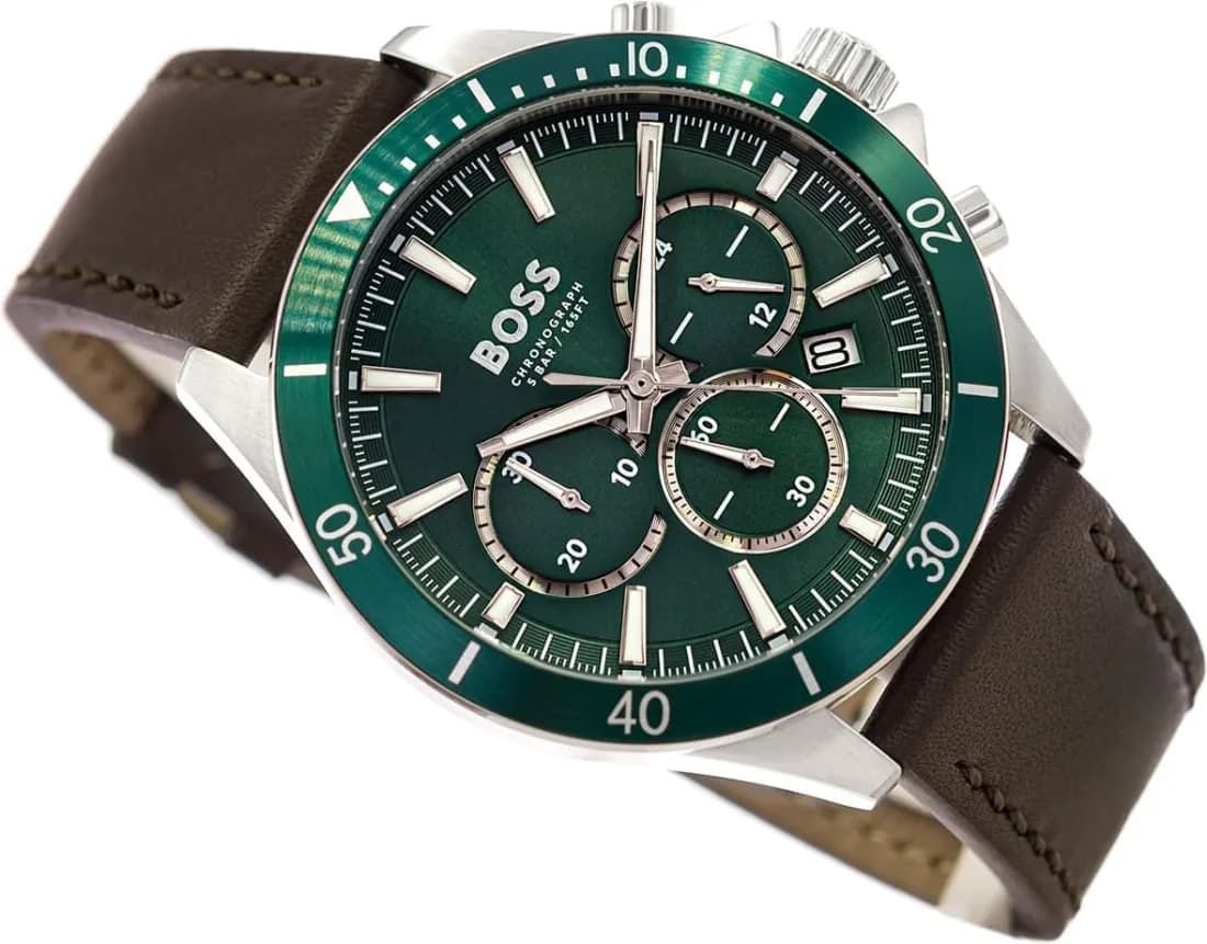 Montre Homme Hugo Boss Troper 1514098 bracelet cuir marron cadran vert multifonctions vue 3