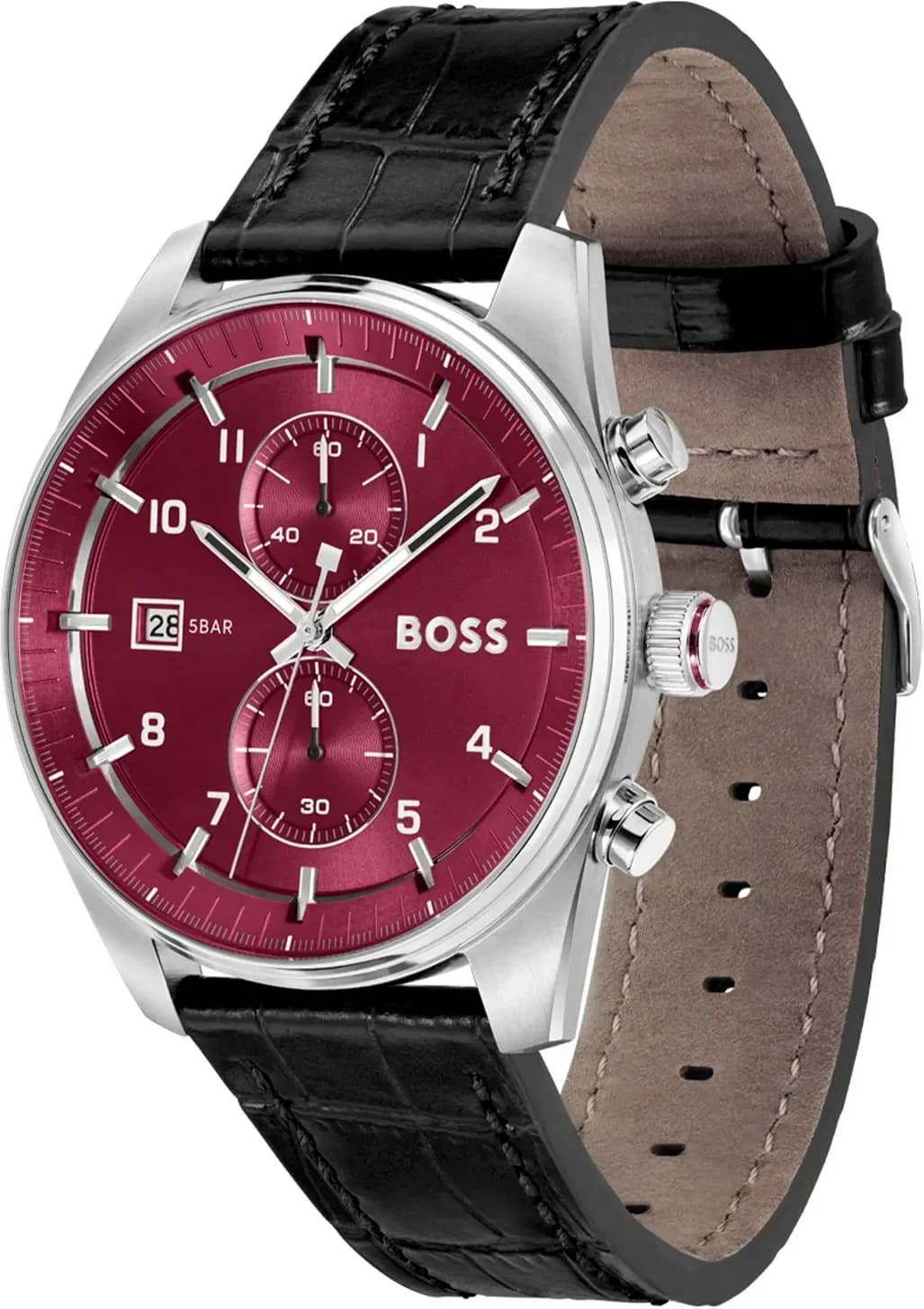 Montre Hugo Boss 1514193 Skytraveller Cadran Rouge et Cuir Noir Aspect Croco vue 2