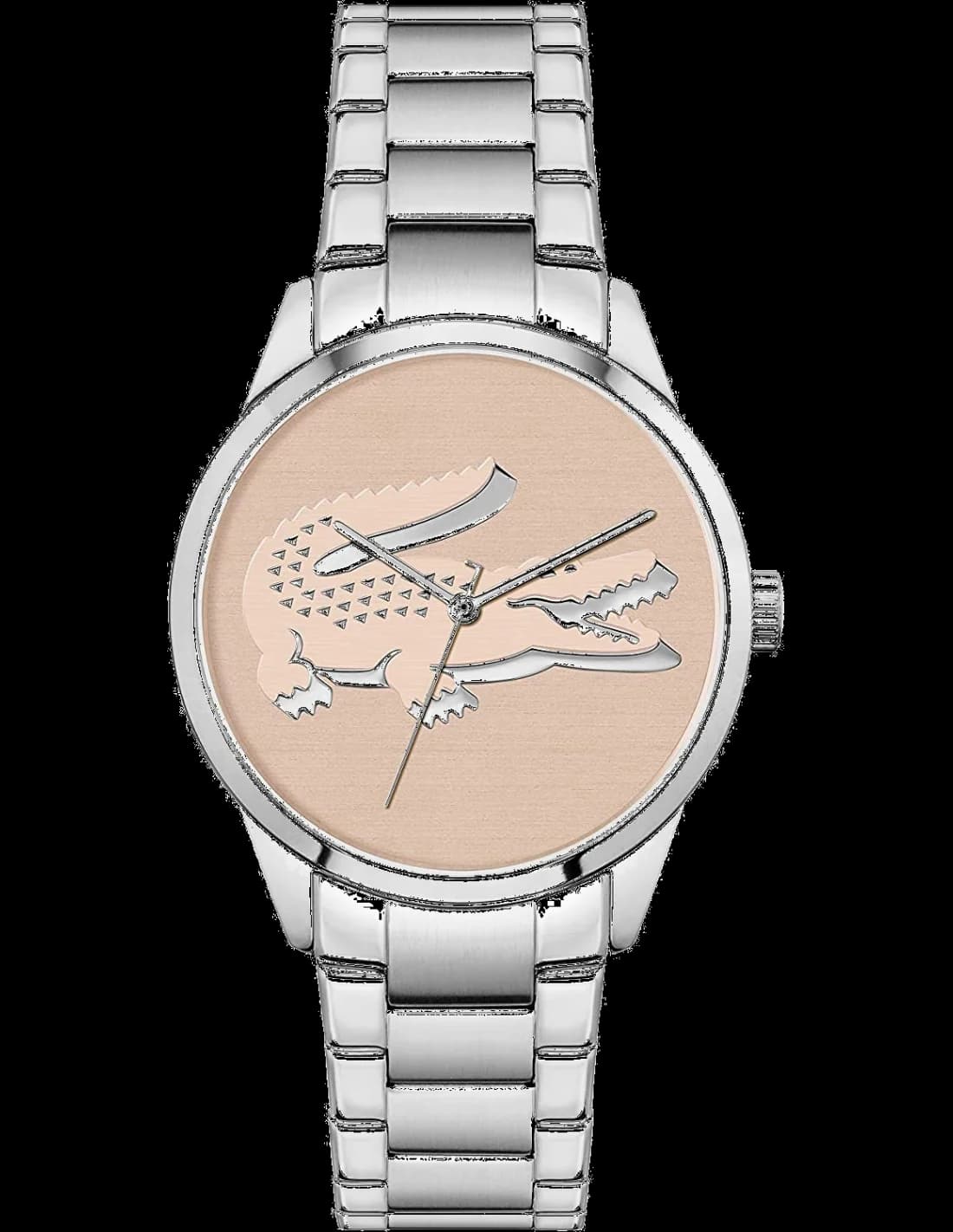 Montre Lacoste 2001173 au cadran rose soleil, index bâtons et aiguilles argentées, style minimaliste chic
