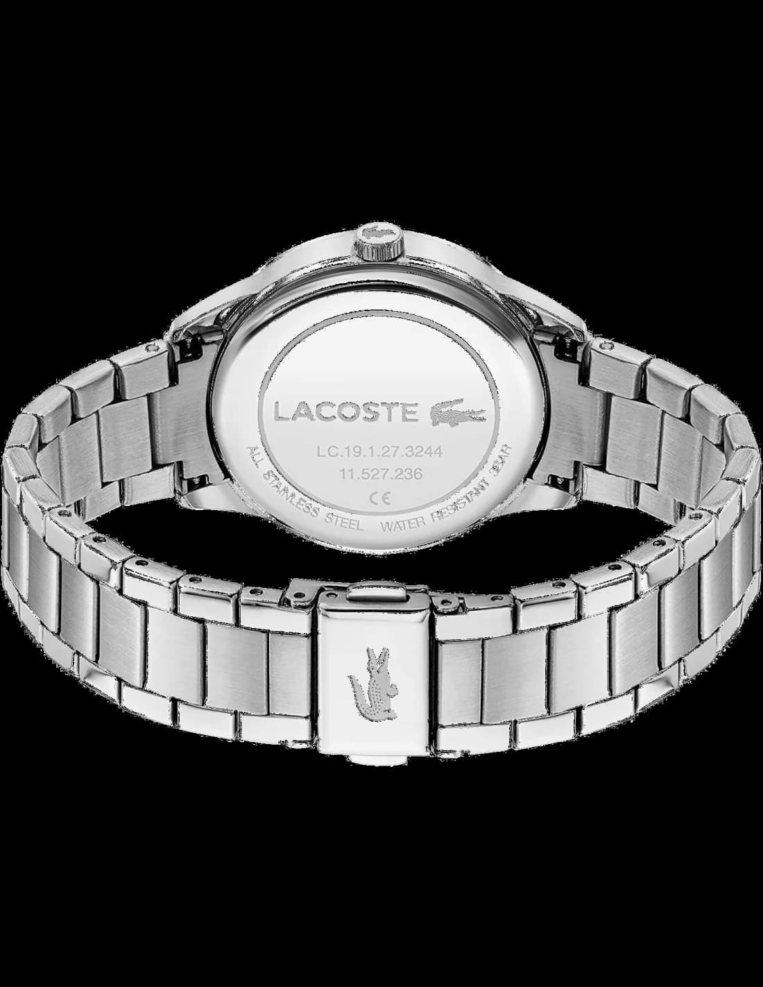 Détail cadran Lacoste 2001174 index bâtons polis et aiguilles dauphines sur fond gris mat