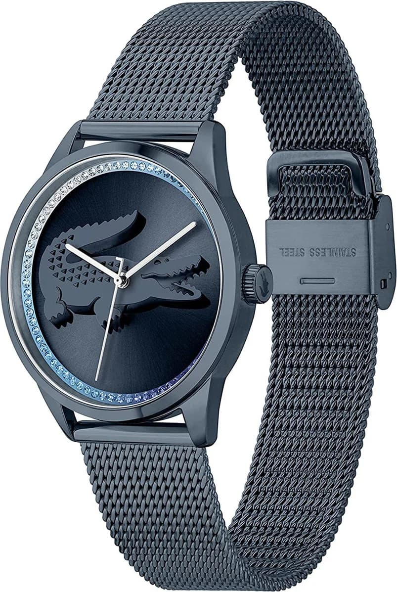 Montre Femme Lacoste Ladycroc 2001260 bracelet acier maille milanaise bleu cadran incrusté de strass vue 2
