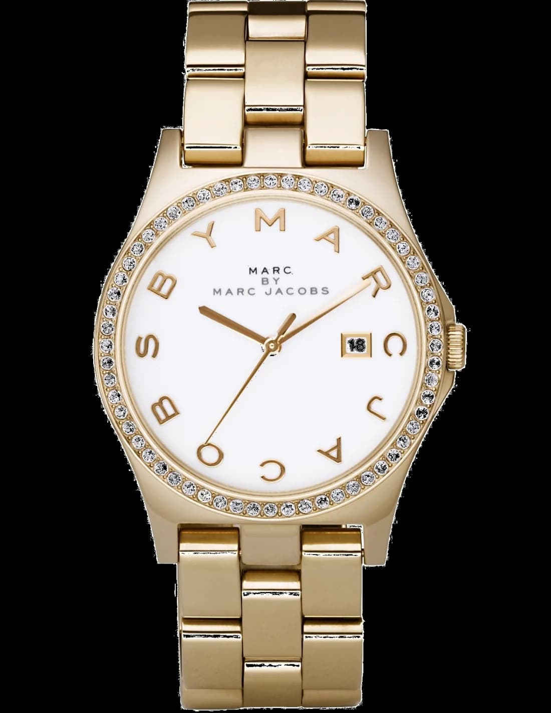Montre Marc Jacobs MBM3045 au cadran blanc perle et aiguilles dorées, style chic et minimaliste