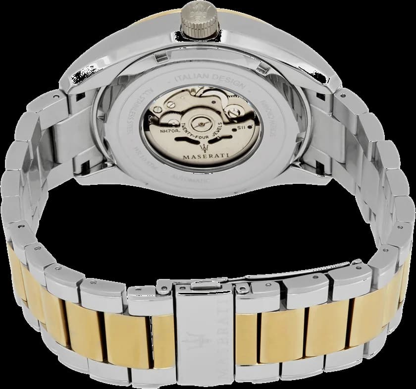 Montre Maserati Traguardo R8823112003 Squelette automatique Cadran argenté Bracelet en acier inoxydable bicolore vue 3