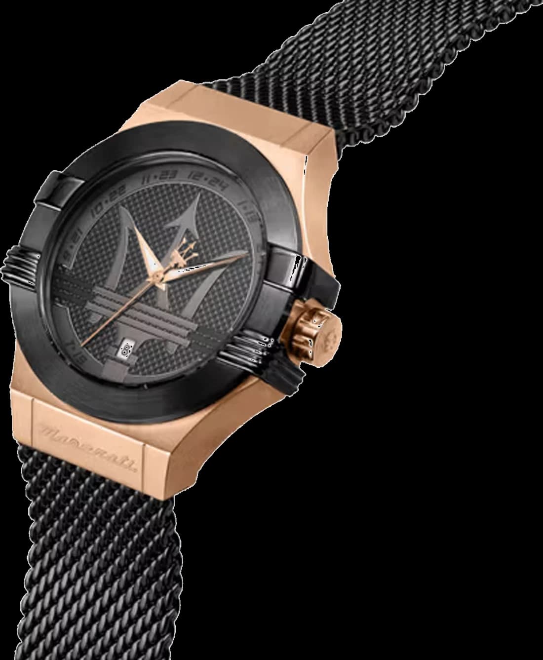 Montre Maserati Potenza R8853108010 bracelet acier noir profil boîtier or rose