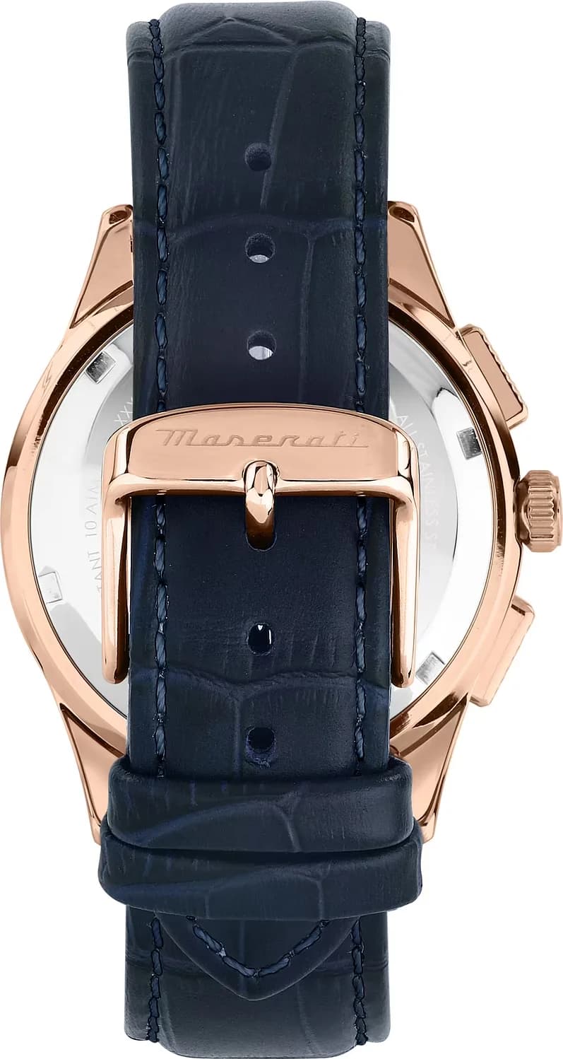 Montre Maserati Sorpasso cadran bleu index bâtons chronomètre quartz 42mm