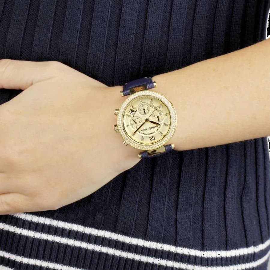 Montre Michael Kors MK2280 Chronographe en Acier Doré et Cuir Bleu Marine vue 4