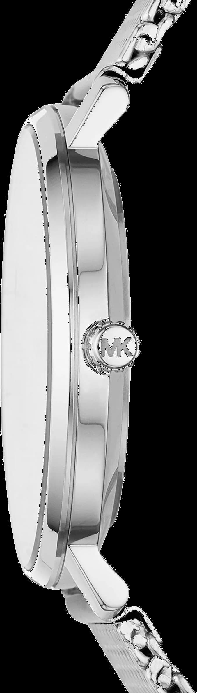Détail cadran Michael Kors MK4338 index bâtons et aiguilles dorés, date à 3h, lisibilité parfaite