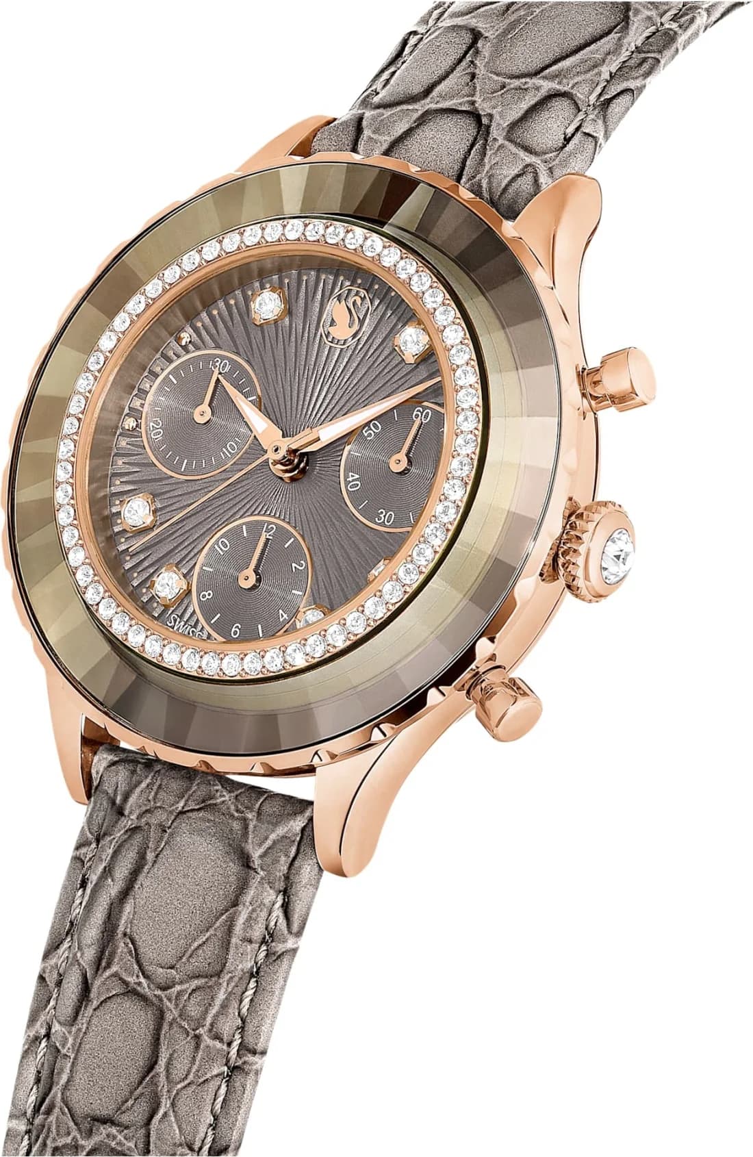 Montre Swarovski Octea Lux Chrono 5671153 bracelet cuir gris finition or rose vue 2