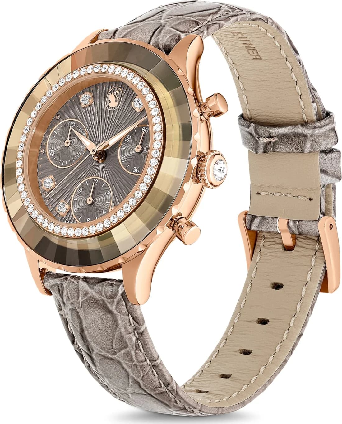 Montre Swarovski Octea Lux Chrono 5671153 bracelet cuir gris finition or rose vue 4