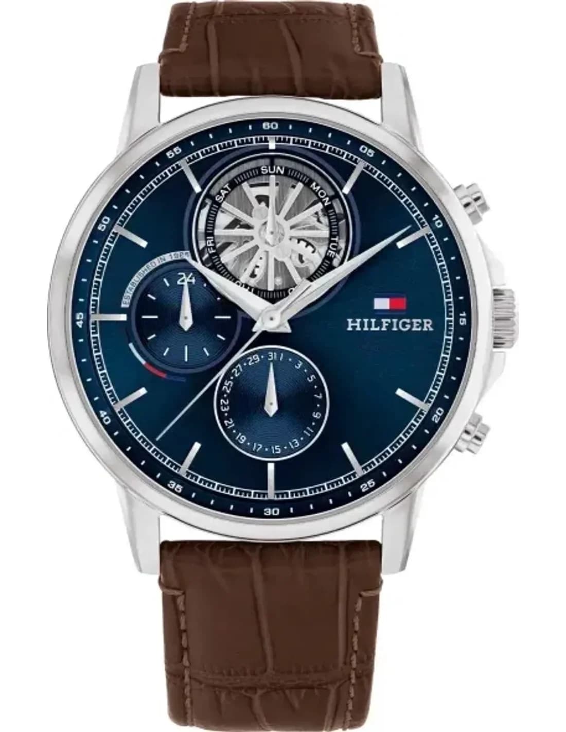 Montre Homme Tommy Hilfiger Stewart 1710629 bracelet cuir marron cadran bleu multifonctions