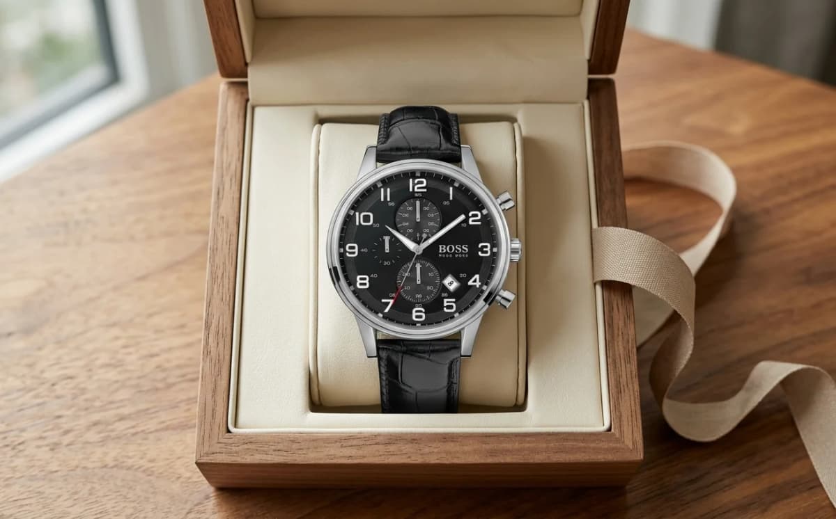 Montre Hugo Boss 1512448 dans un coffret cadeau bois clair ouvert, ruban beige, cadeau fête des pères élégant